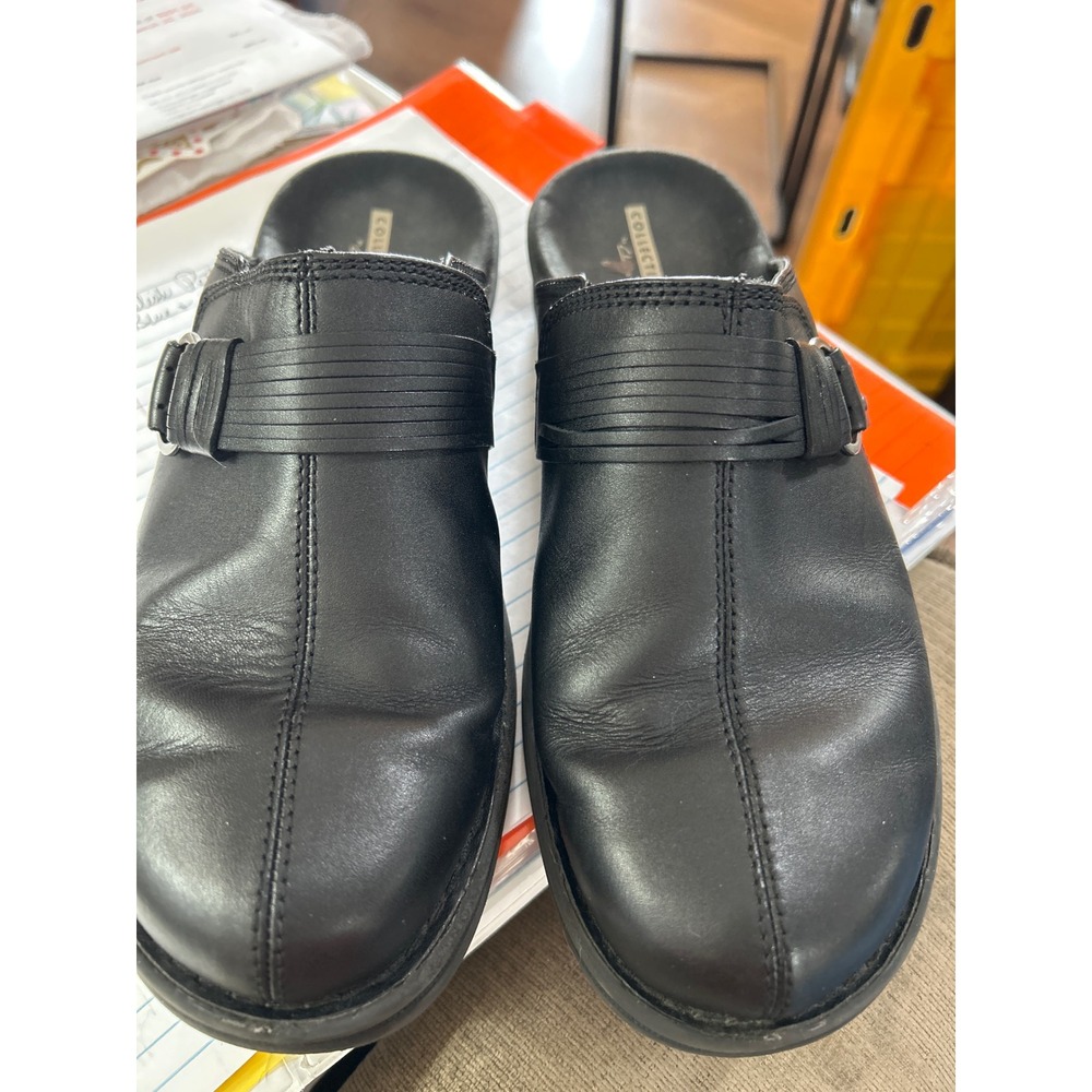 Clarks Collection Womens Black‎ Leather Mules Clogs Soft Cushion Slip On Shoes